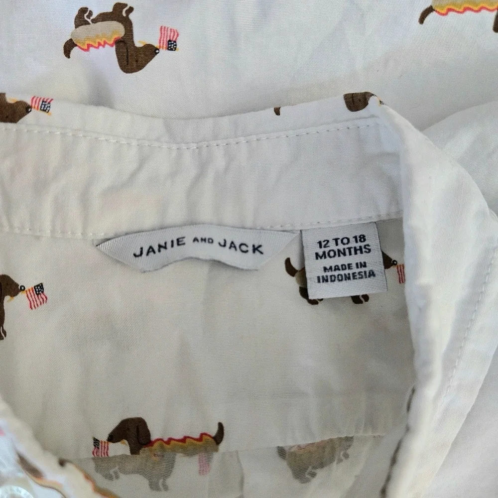 Janie &‎ Jack Baby Boy White Hot Dog Flag Poplin Preppy Button Shirt 12-18Mo USA